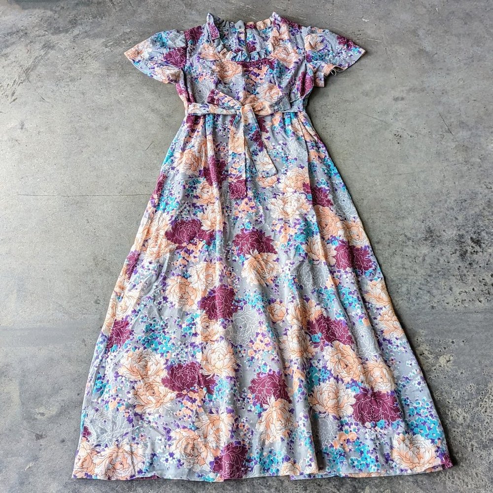 Vintage Floral Blue Purple Orange Short Sleeve Empire Waist Maxi Dress - Picture 2 of 14